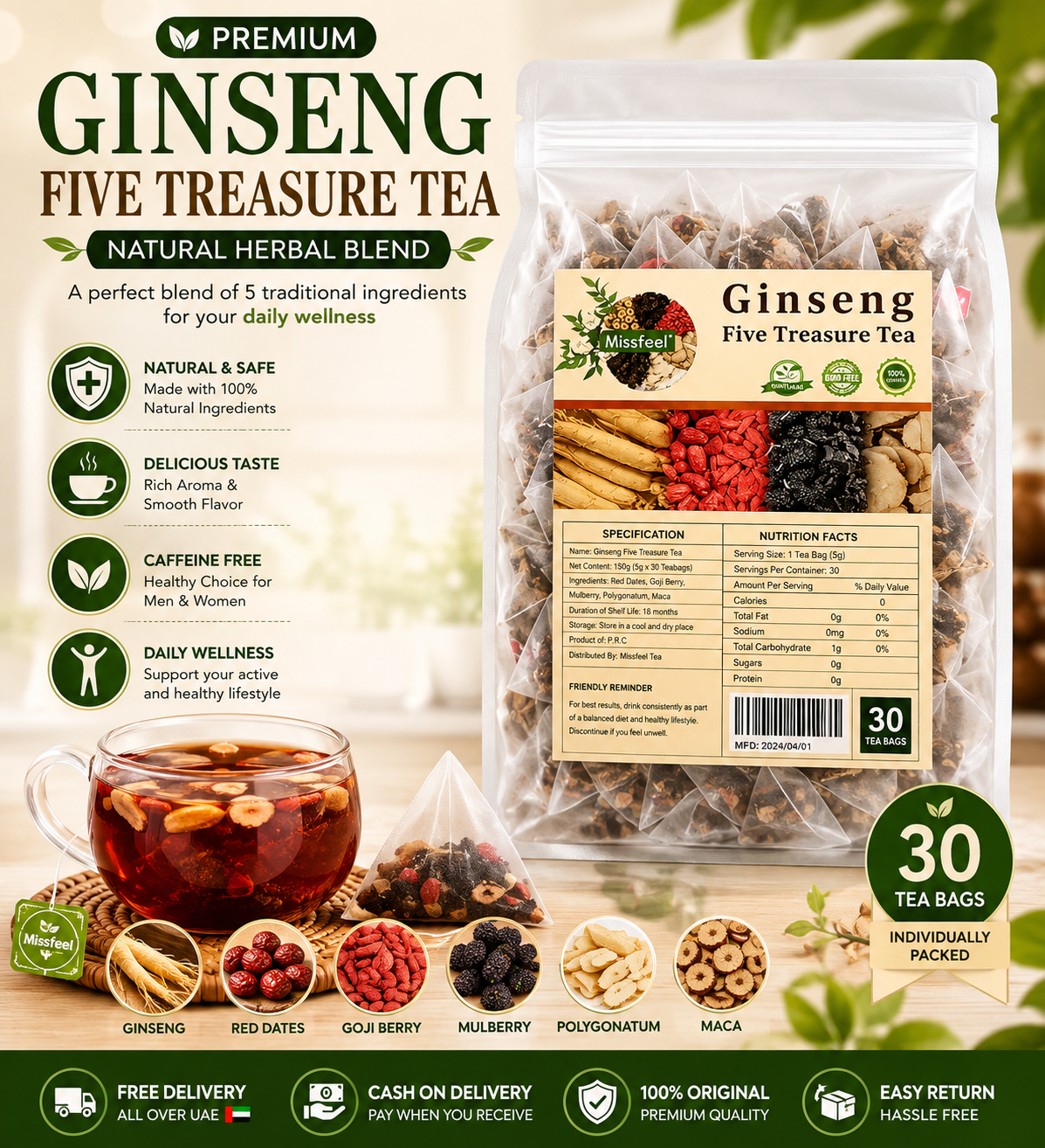 Ginseng Five Treasure Natural Herbal Tea - Energy Booster (30 Tea Bags) - Free Delivery
